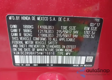 2017 Honda Hr-V Ex-L z USA, uszkodzony, nr VIN 3CZRU6H75HM716816